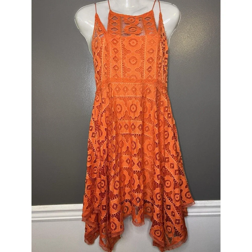 Free People Dress Womens 4 Orange Lace Halter Fit & Flare Short Boho Sundress